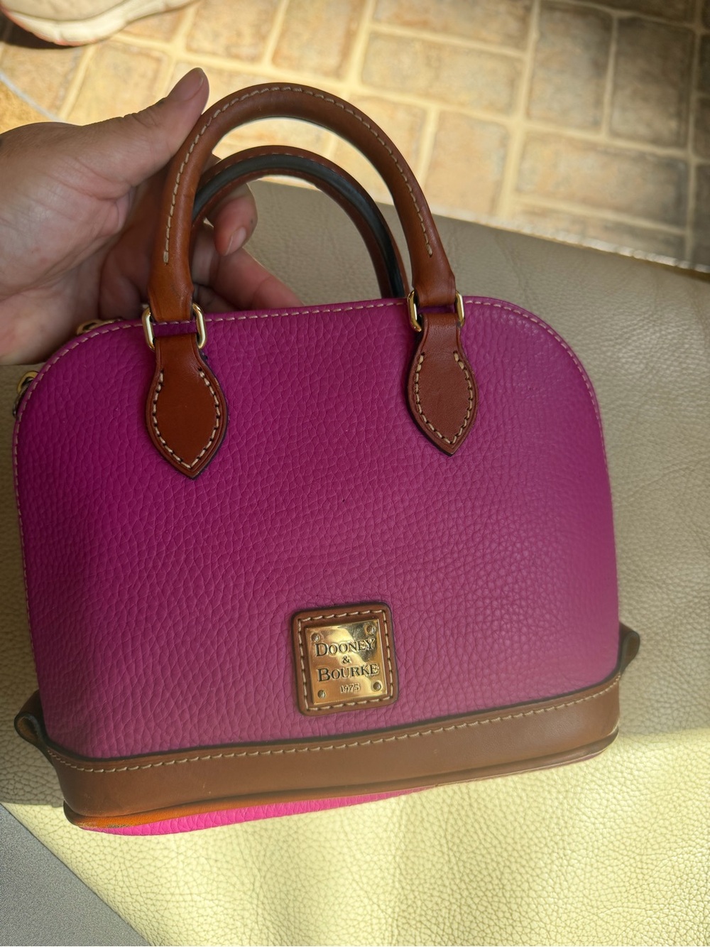 Dooney & Bourke Fuchsia Pebble Leather Mini Satchel with Brown Trim